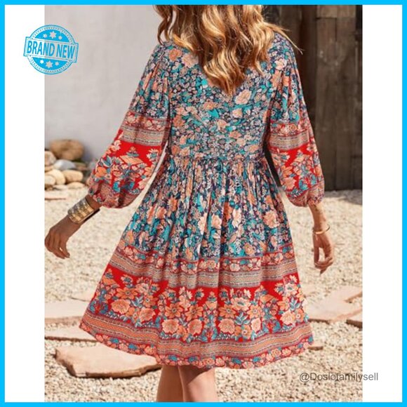 V-Neck Flowy Boho Mini Dress 3/4 Sleeve Ruffle Detail Loose Fit Casual - Picture 4 of 7